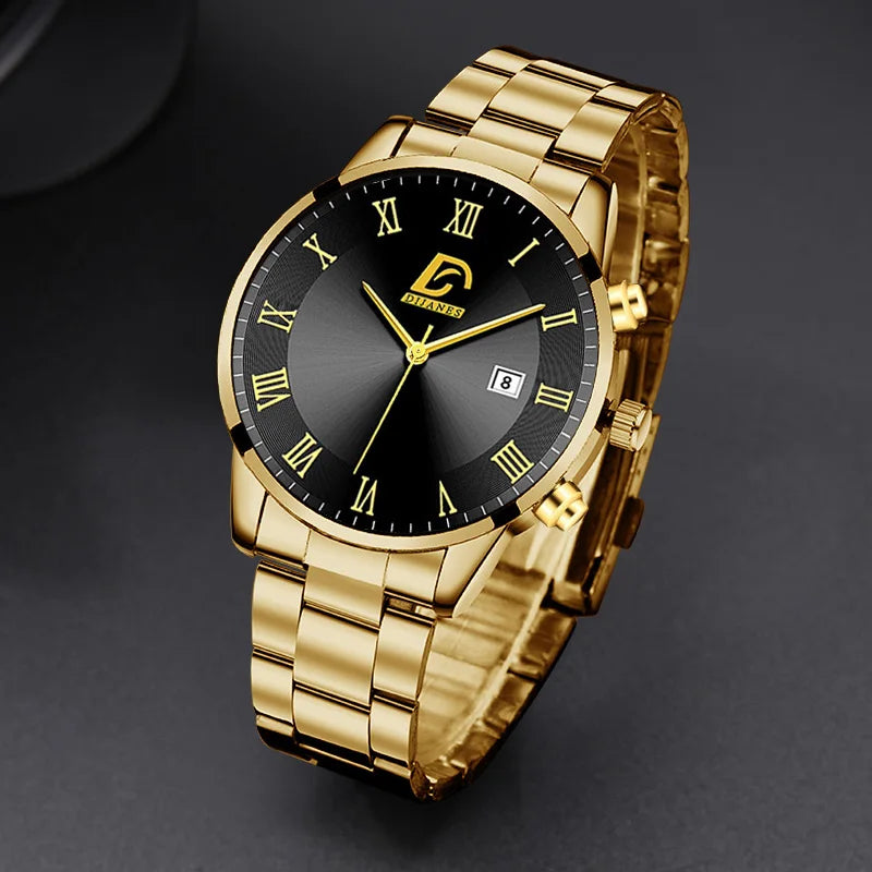 Men's Gold Watch Minimalist Quartz Calendar Wristwatch Business Casual