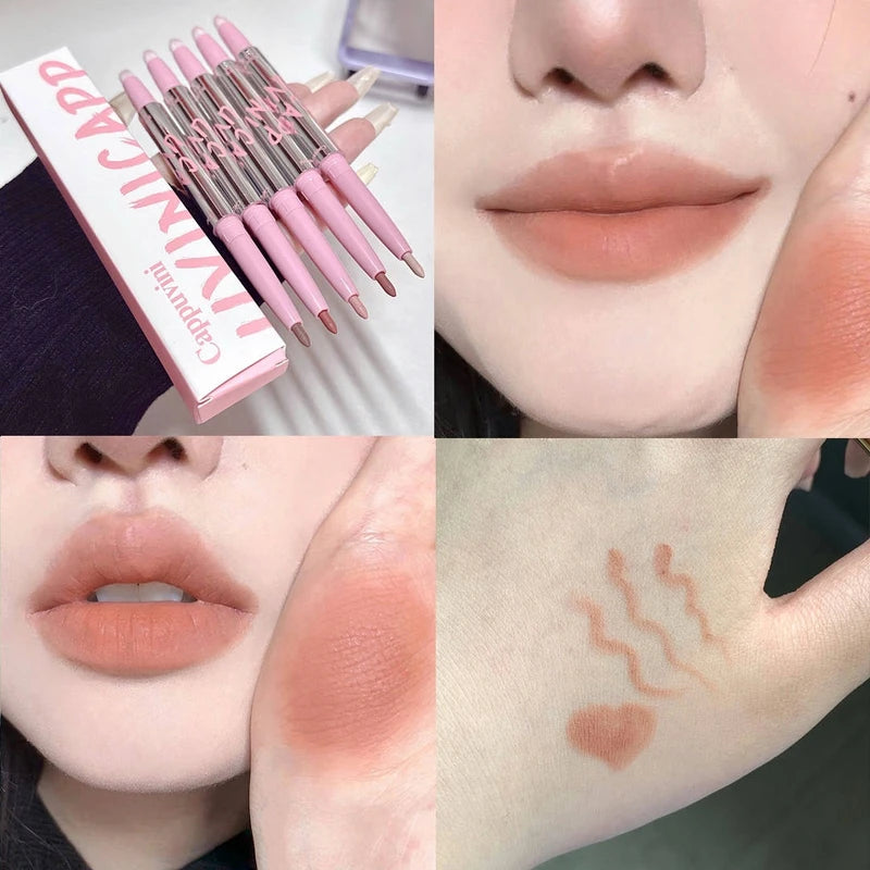 Lip Shadow Liner Pen Matte Lipstick Base Waterproof Lip Contouring Pencil with Brush