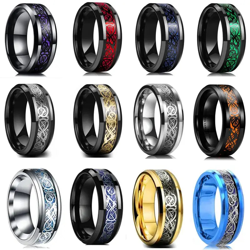Men's Tungsten Celtic Dragon Wedding Band - Stainless Steel Ring with Optional Colors & Sizes