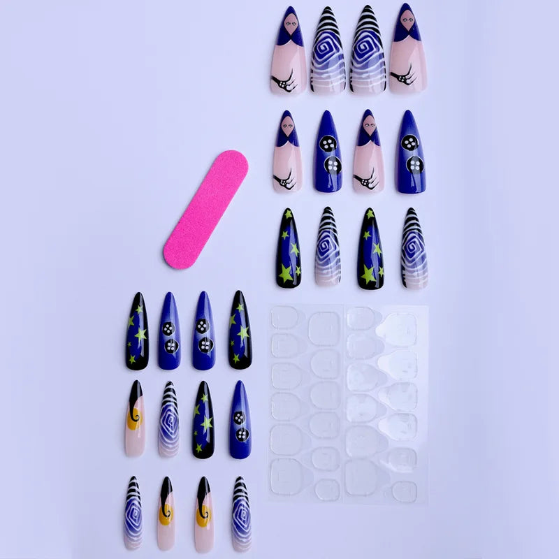 24-Piece Spiral Stripe Pattern Press-On Nails for Halloween - Blue French Almond Fake Nails