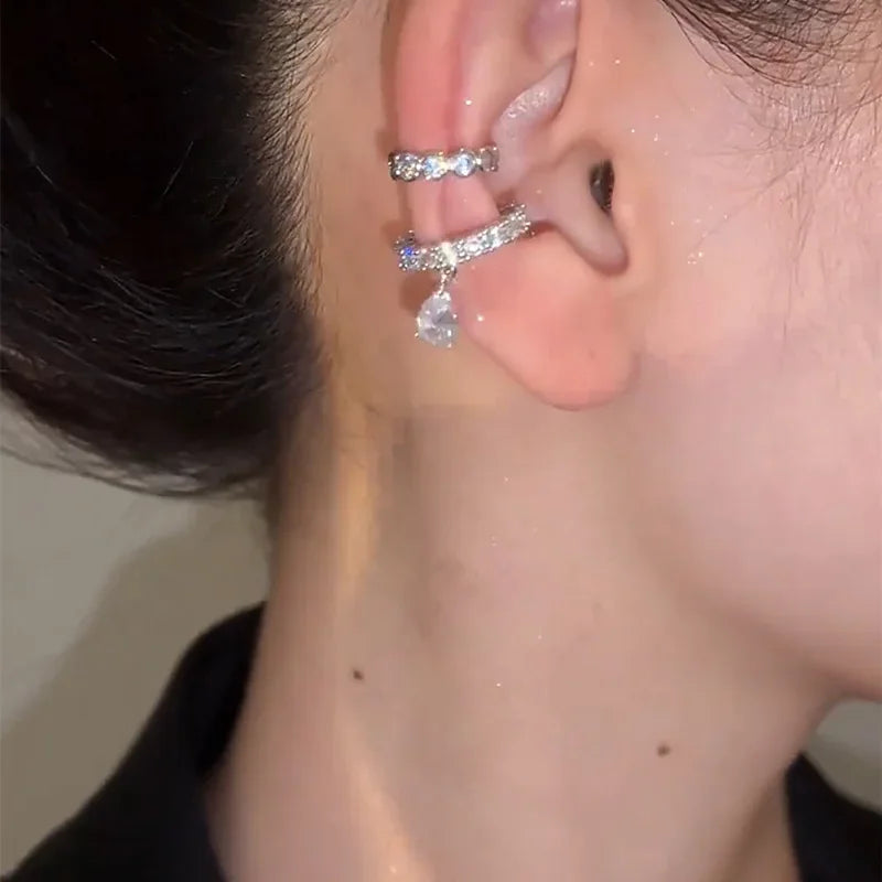 Silver Zirconia Pearl Clip-On Earrings for Women Geometric Ear Cuff Jewelry