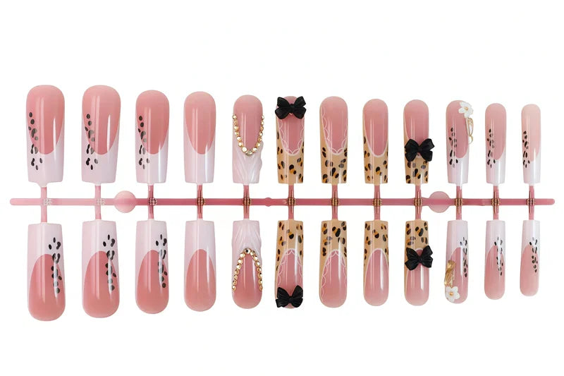 24PCS Long Fake Nails with Leopard Print and Bow Design for Nail Art - Tough Girl Style