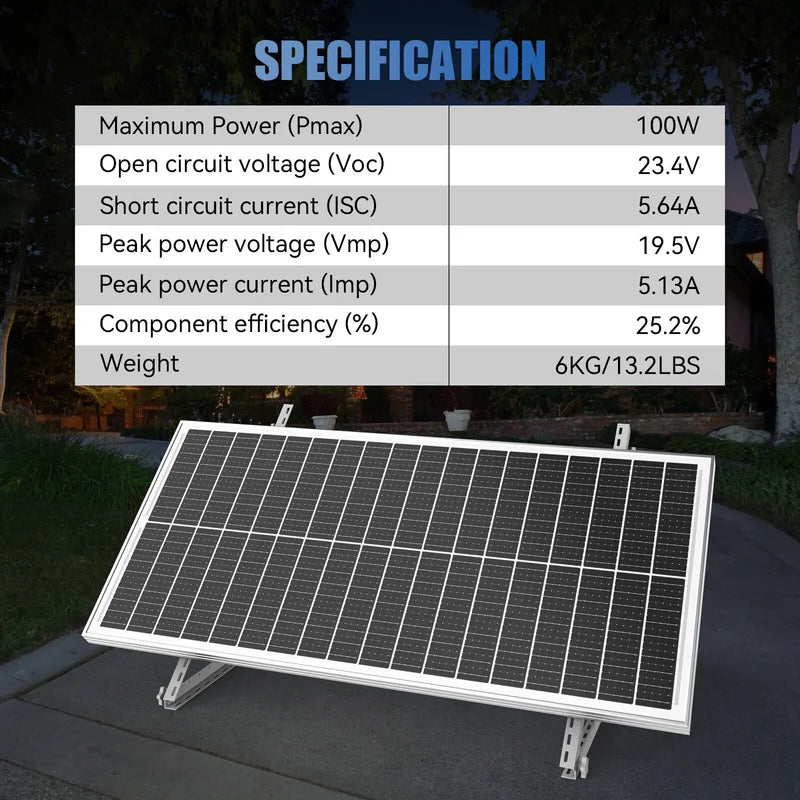 100W Monocrystalline Solar Panel for RV & Outdoor Use - High Efficiency
