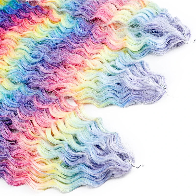 Synthetic Crochet Hair Extensions 22 Inch Water Wave Ombre Rainbow Curling Braiding