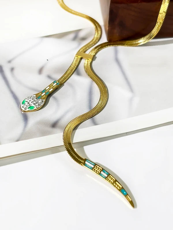 Dainty Gold Plated Rhinestone Snake Chain Necklace with Tassel for Women