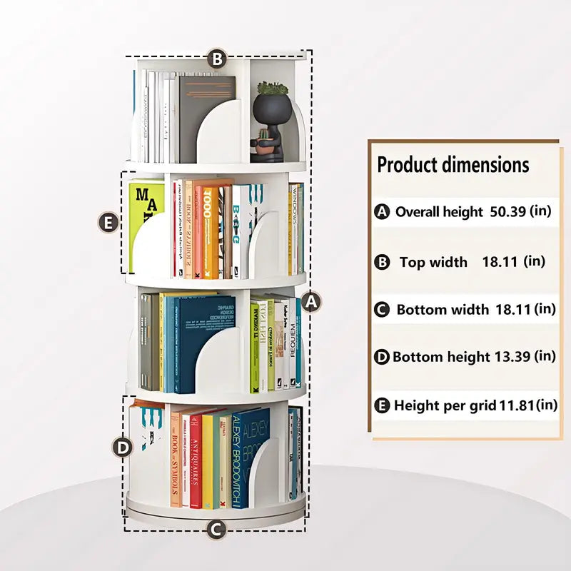 Rotating Bookshelf Tower with 360° Spin - 4 Tier Wooden Book Shelf for Kids & Living Room