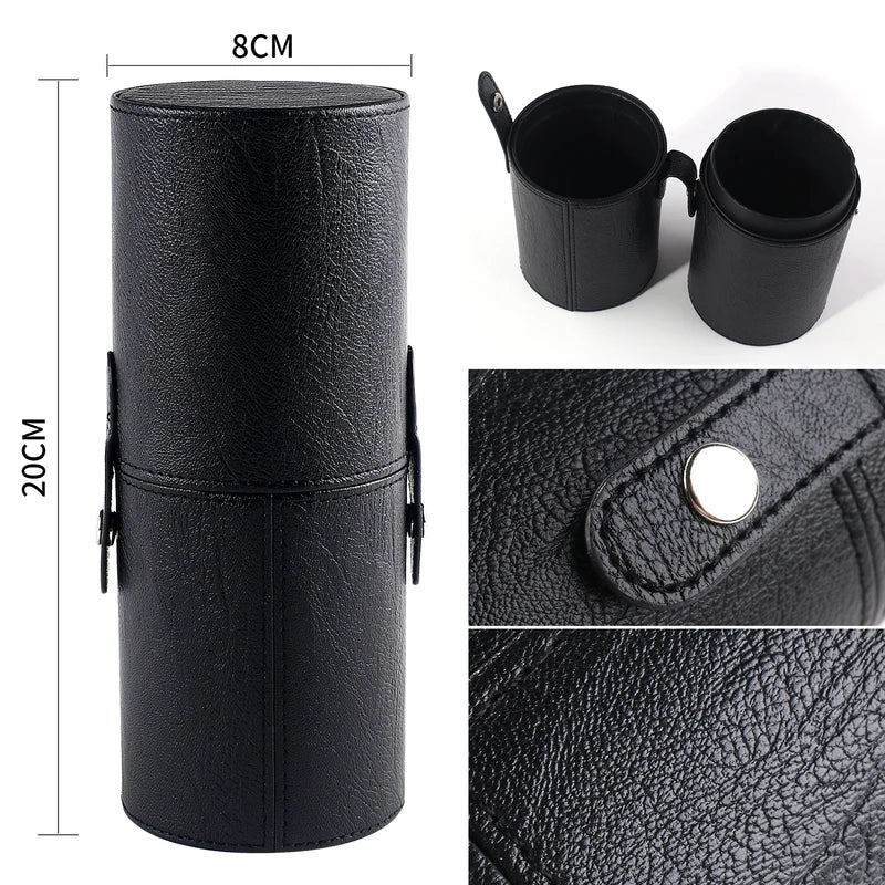 Large Makeup Brush Organizer Case PU Leather Travel Storage Cylinder