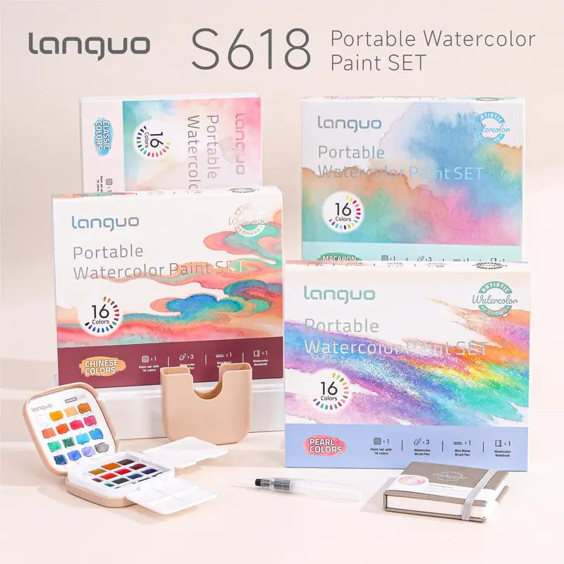 16-Color Portable Watercolor Paint Set with Travel Brush & Palette