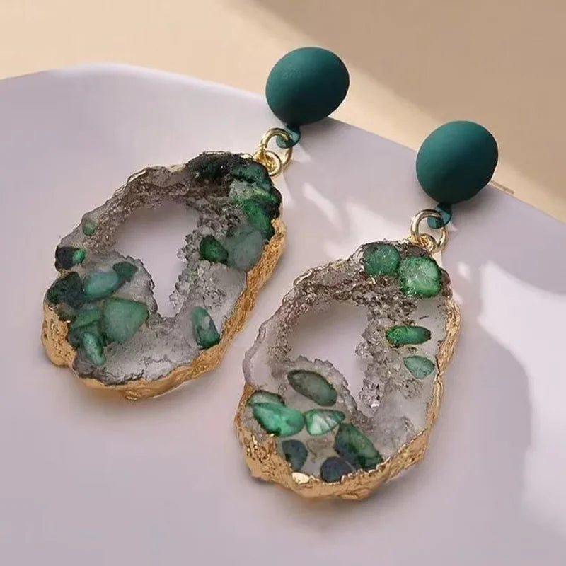 Retro Liquid Metal Dangle Earrings for Women Irregular Oval Hollow Jewelry