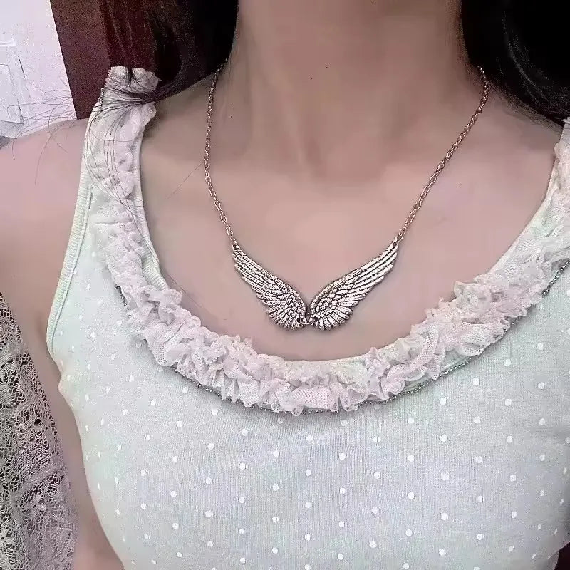 Vintage Angel Wings Feather Necklace with Big Pendant and Chain for Women