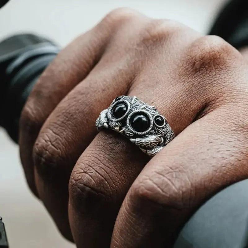 Adjustable Animal Jewelry Ring with Black Agate Eyes - Unique Animal Statement Ring