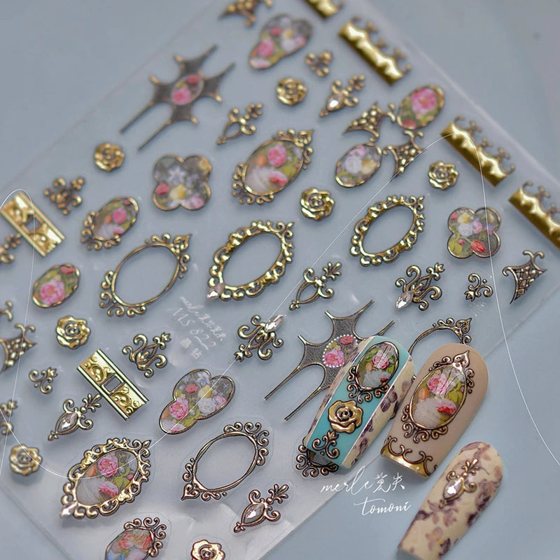 Luxury 5D Floral Nail Art Stickers with Crystals and Metal Frame - Self-Adhesive Manicure Decals