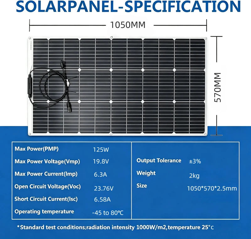125W Flexible Monocrystalline Solar Panel for Off-Grid Systems 12V/24V