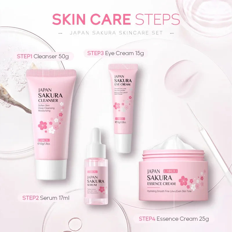 Sakura Skin Care Set with Cleanser, Serum, Eye Cream, Face & Essence Cream - Gift for Women