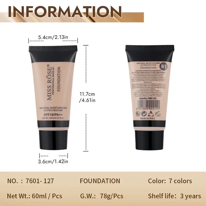 Long Lasting Liquid Foundation with Brightening & Contouring - 60ml Moisturizing Face Makeup