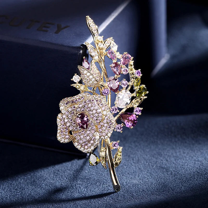 Vintage Rhinestone Rose Brooch Water Drop Crystal Flower Jewelry for Women Lady