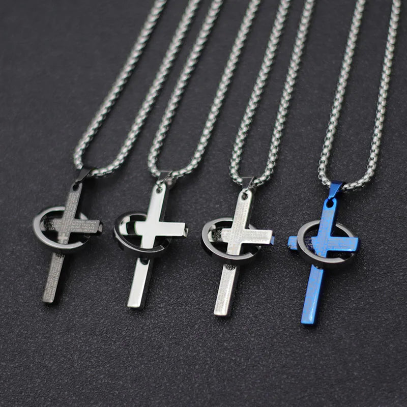 Simple Cross with Circle Pendant Necklace Unisex Stainless Steel Chain Jewelry