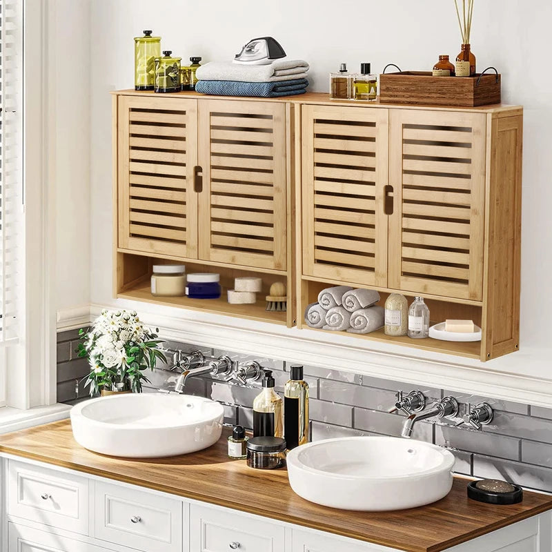 Wall Mounted Bamboo Bathroom Storage Cabinet with Shelves and Organizer Rack