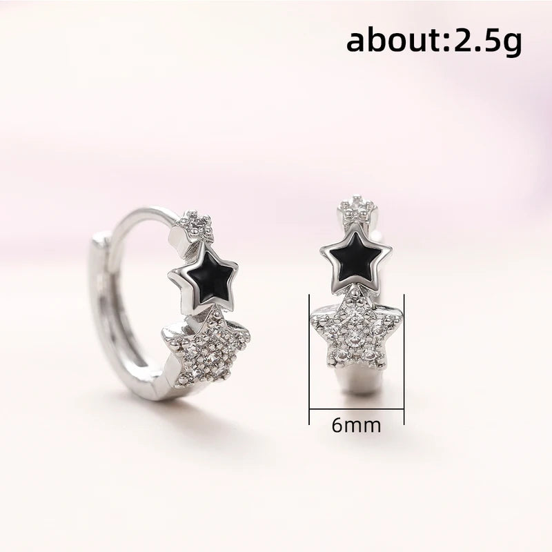 Women Star Hoop Earrings with CZ and Black Enamel - Delicate Circle Jewelry