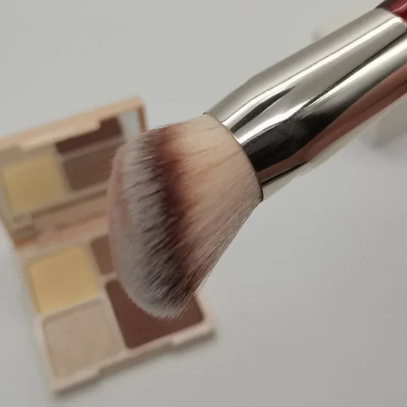 Contoured Makeup Brush Set - Angled Foundation and Concealer Tools with Red Wood Handles