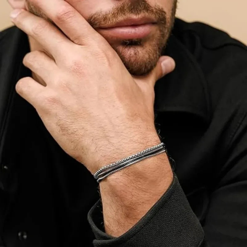 Men's Adjustable Steel Chain Bracelets - Stylish European Jewelry Gift Set