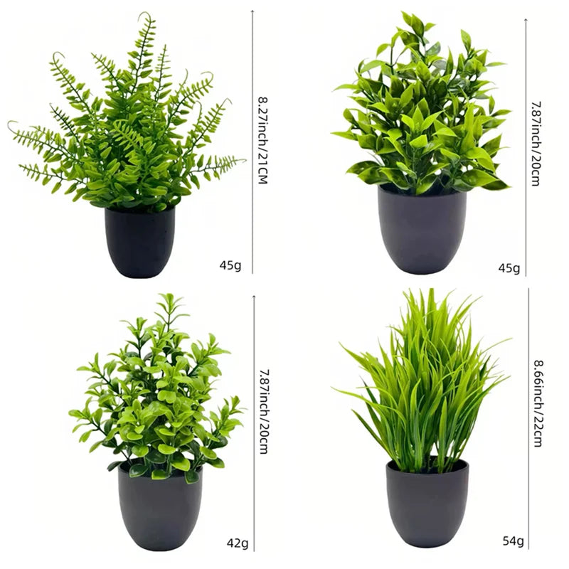 Mini Artificial Potted Plants Set - Indoor Outdoor Decorative Bonsai, Green 4-Pack
