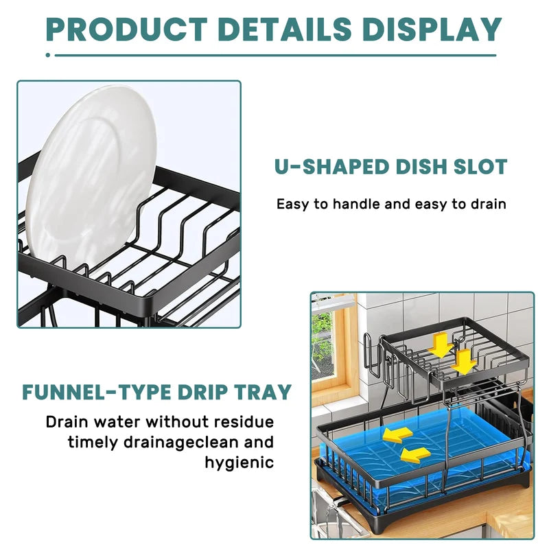 Large 2-Tier Dish Drying Rack for Kitchen Countertops - Removable, High Capacity