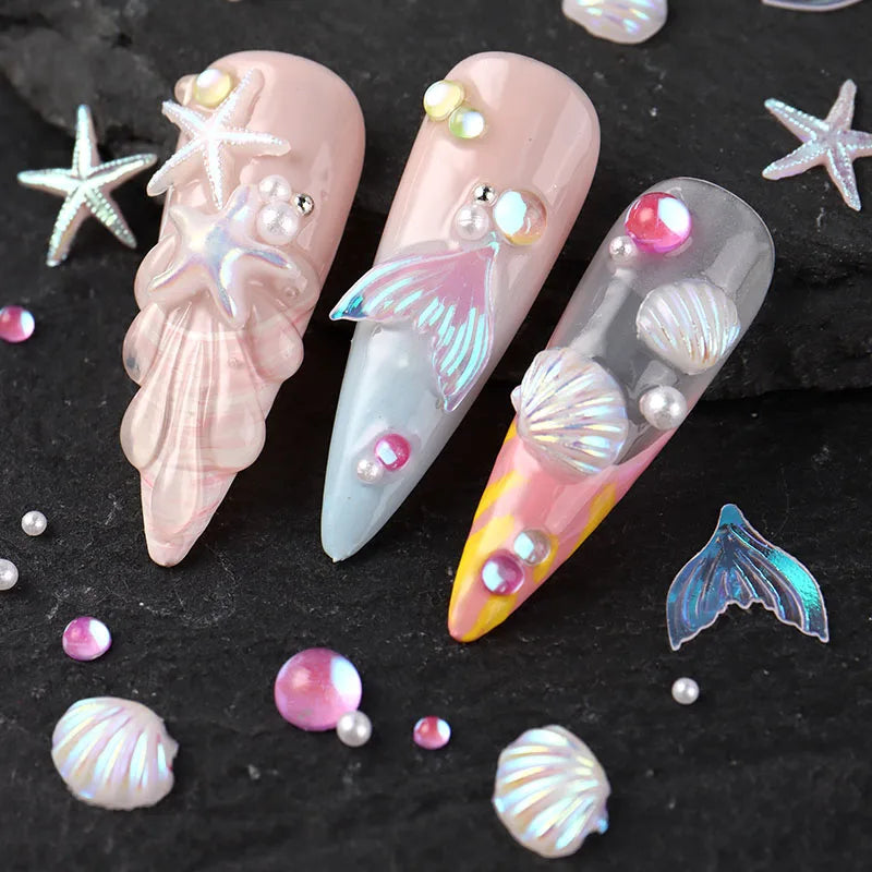 Summer Ocean Nail Charms Set with Shell Starfish Fish Pearl Beads Mermaid Decor for Manicure
