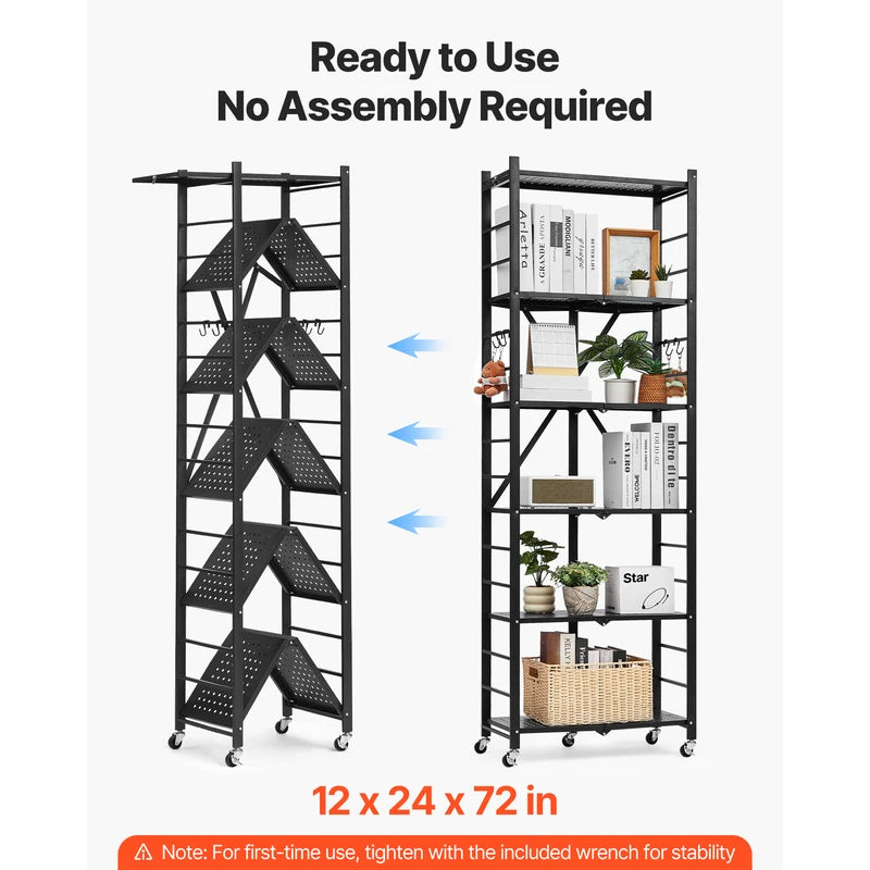 Foldable Mobile Storage Shelf with Wheels & Hooks, Space-Saving Organizer for Kitchen & Home