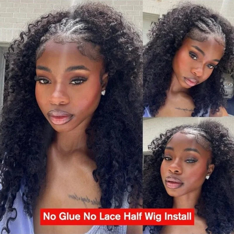 Kinky Curly Half Wig with Clip-Ins & Drawstring Seamless Extensions - Human Hair