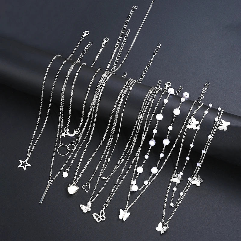 11Pcs Heart Butterfly Moon Pendant Necklace Jewelry Set for Women, Silver & Gold Colors