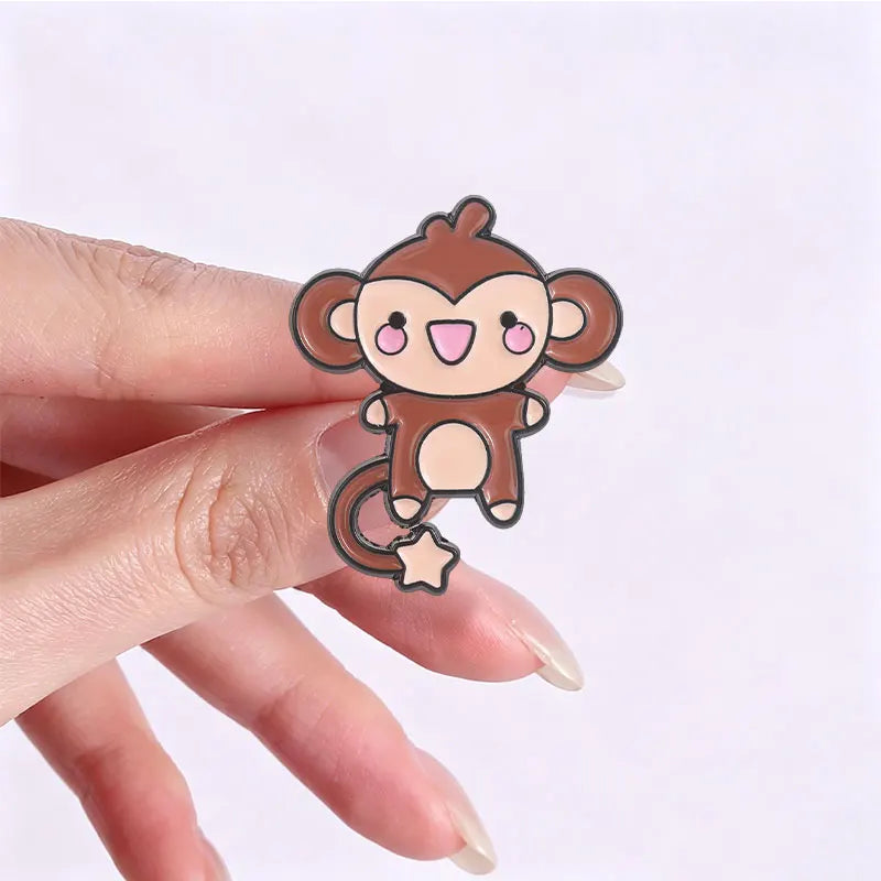 Cute Monkey Enamel Pin Cartoon Star Tail Ape Floral Animal Brooch Jewelry Gift