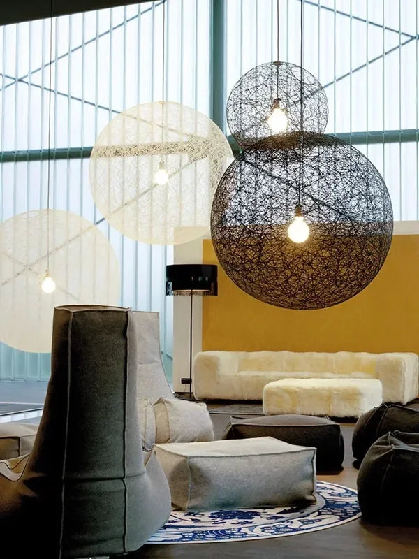 Nordic Rattan Weaving Spherical Pendant Light LED Chandelier for Living Room Loft