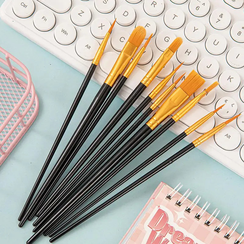 10Pcs Art Paint Brush Set for Acrylic Watercolor Oil & Crafts - Multi-Size Artist Tools