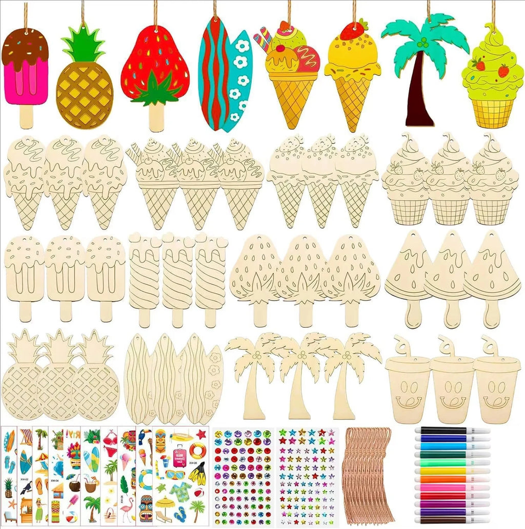 Kids Wooden Craft Kit with Paint Pens & Stickers for DIY Plant & Insect Shapes, Family Art Activity, Hanging Decor