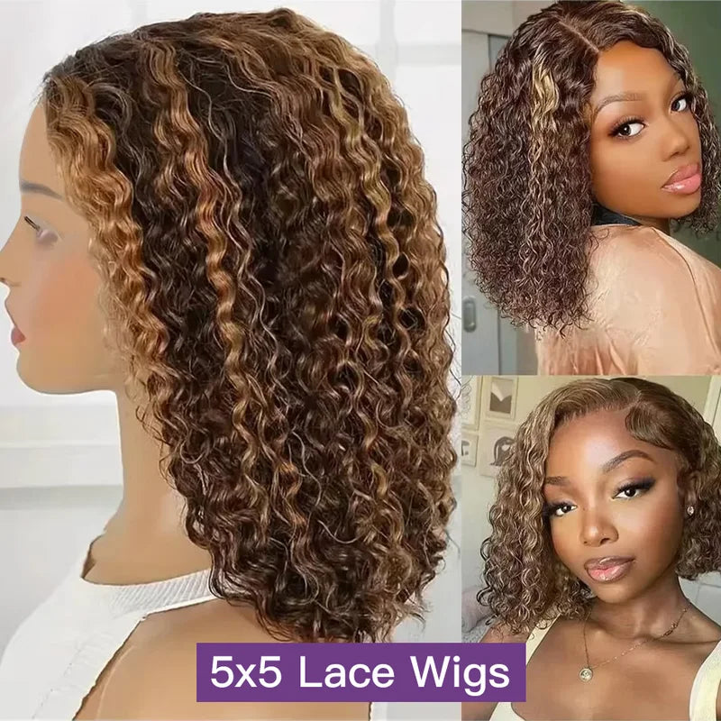 Glueless Highlight Bob Wig Human Hair with 5x5 HD Lace Closure - Deep Wave, Curly, Blonde