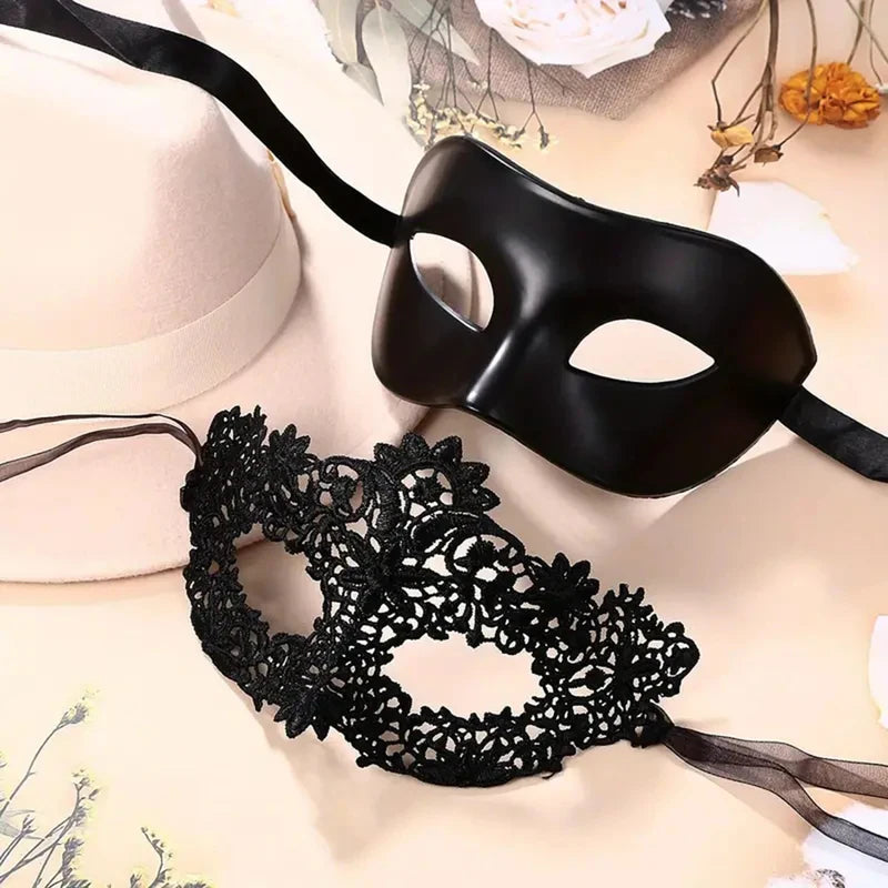 Elegant Black Lace Masquerade Mask Set for Couples - Venetian, Mardi Gras, Halloween