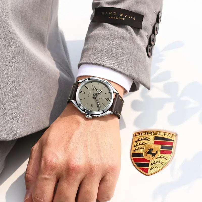 Men's Waterproof Leather Quartz Watch with Luminous Dial and Date - Business Style