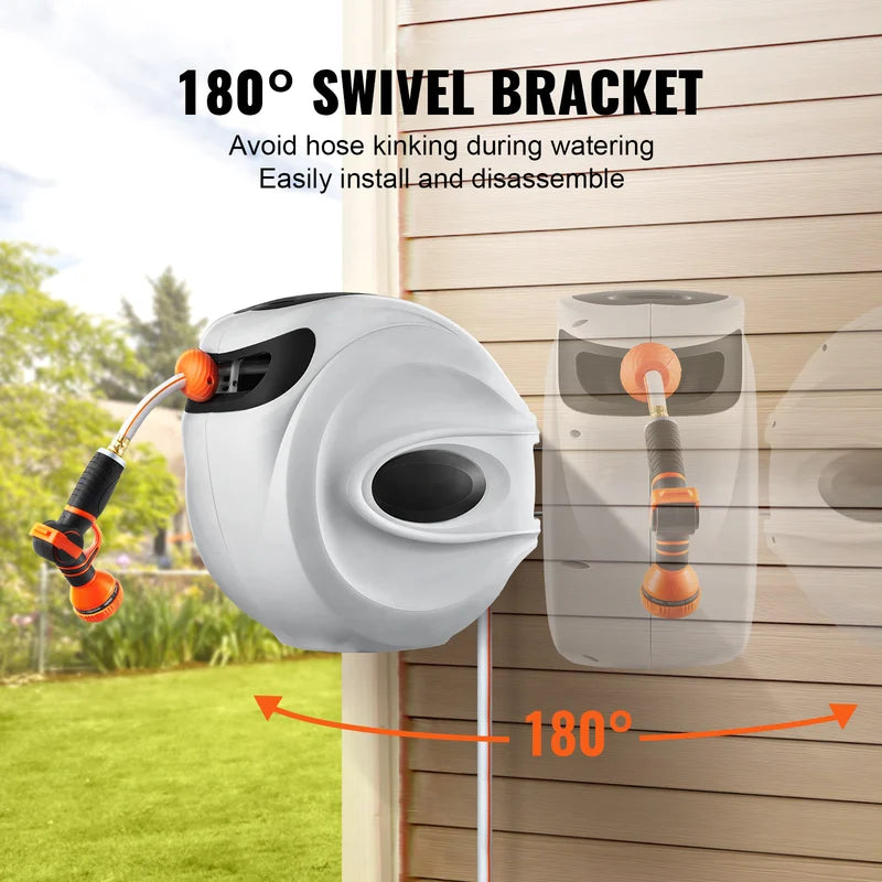 Retractable Garden Hose Reel Wall Mount with 180° Swivel and 9-Pattern Nozzle