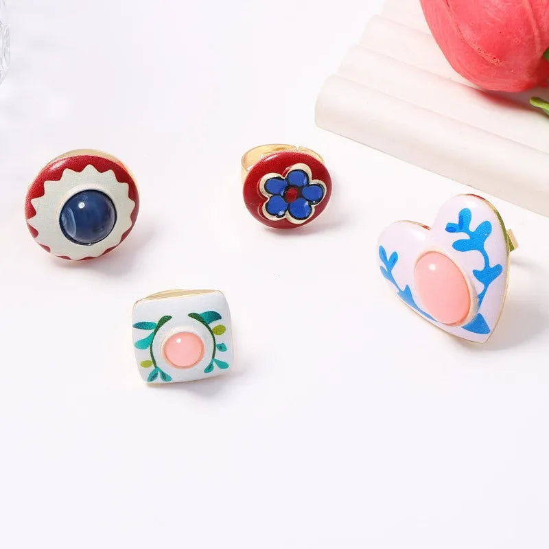 Retro Bohemian Floral Enamel Adjustable Ring Set - Heart Square Round Jewelry