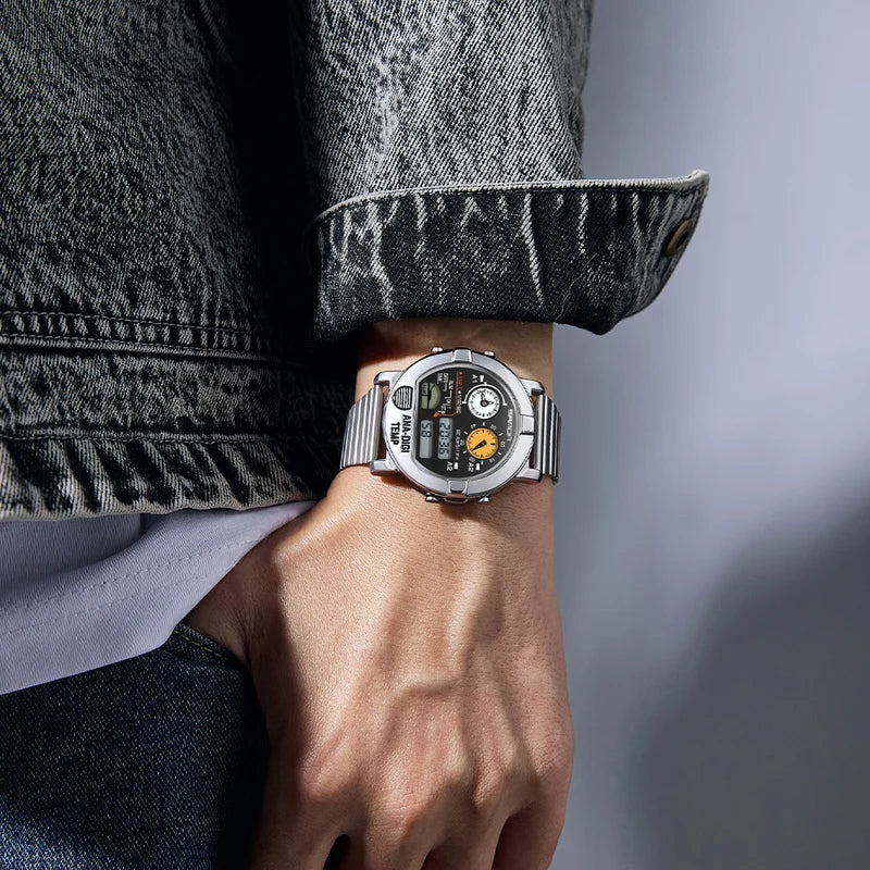 Digital Men’s Watch with Steel Band, Temperature & Stopwatch Functions