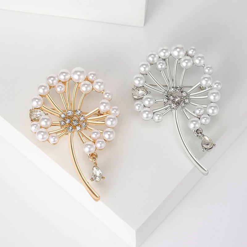 Rhinestone Dandelion Brooch for Women Pearl Plant Pins Casual Party Jewelry