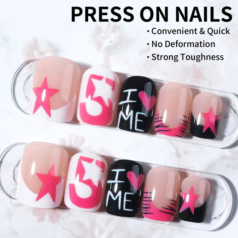 24 Pieces Leopard Print Nail Stickers - Short Square French Nail Art Sets with Heart, Star & Pattern Design