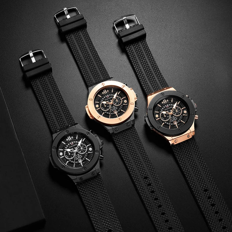 Men's Large Silicone Sport Watch 46mm Hollow Dial Rose Gold Military Style Quartz