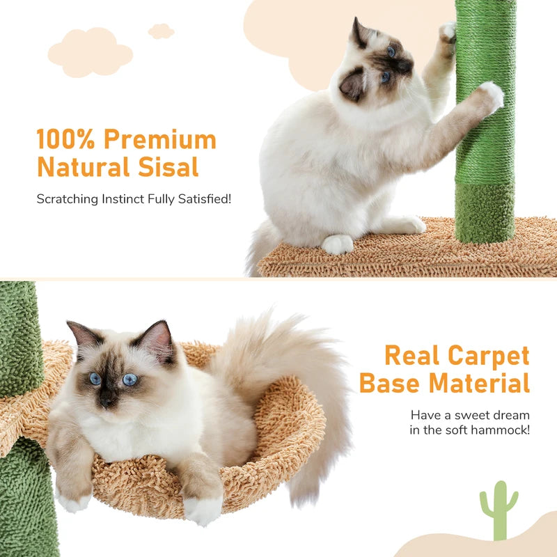 Tall Floor to Ceiling Cat Tree with Cactus Design, Scratching Posts & Hammock