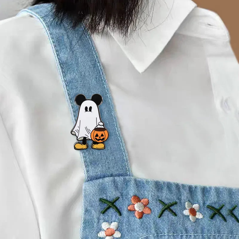 Halloween Ghost Mouse Brooch with Jack-o'-Lantern Cartoon Pin Cute Anime Badge Accessory