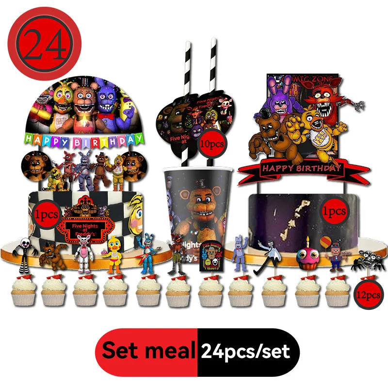 FNAF Themed Cake Flag & Cupcake & Straw Set for Birthday & Halloween Parties