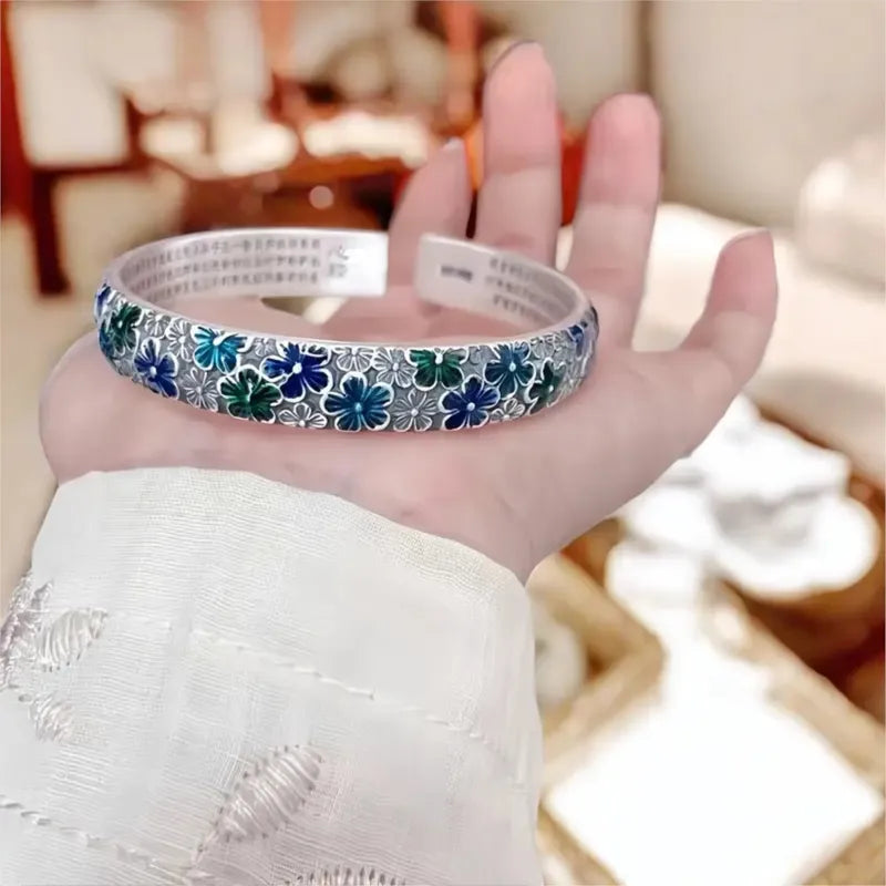 Vintage Flower Enamel Heart Sutra Cuff Bangle for Women Jewelry Gift