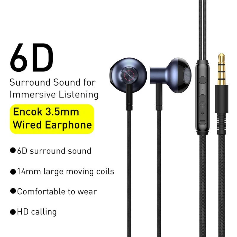 Wired In-Ear Earphones with 6D Stereo Bass and Microphone - Compatible with 3.5mm Devices