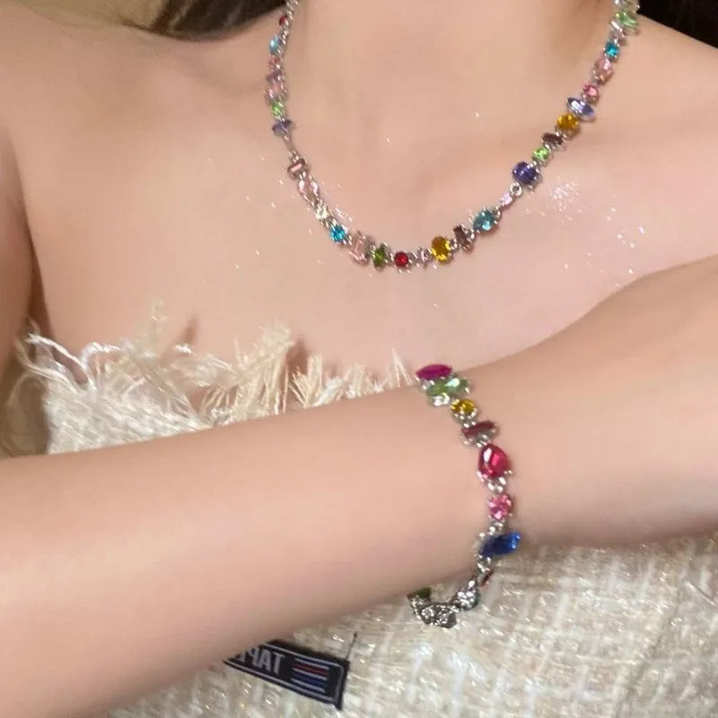 Colorful Zircon Beaded Jewelry Set for Women - Necklace & Bracelet Gift
